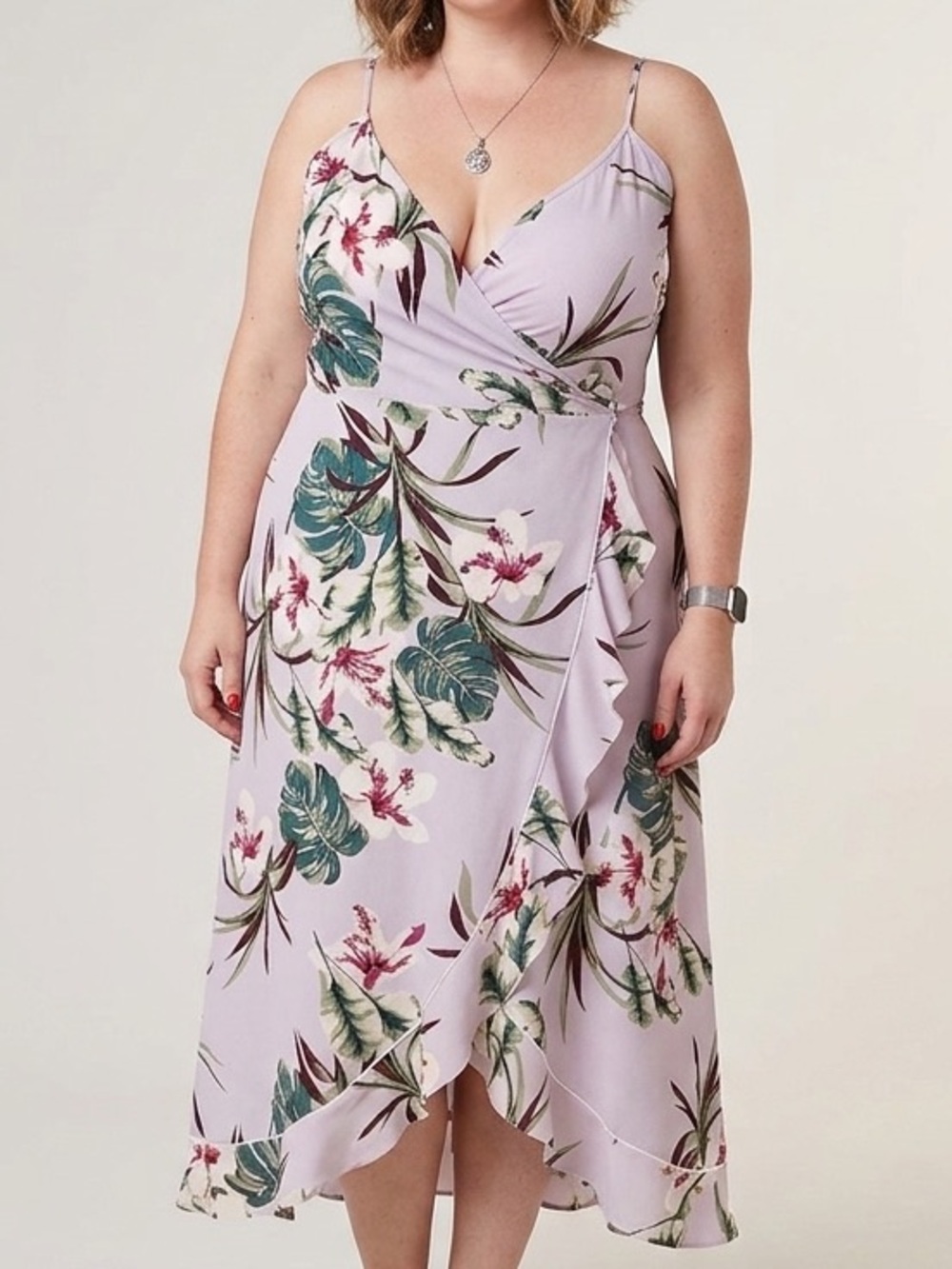 Tropical Floral Dress XL Lavender Ruffle Midi Wedding Vacation Resort Coquette